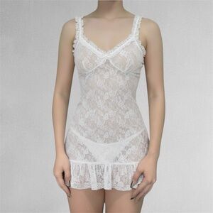 Peppermayo Lace Ruffle Mini Sheer Dress